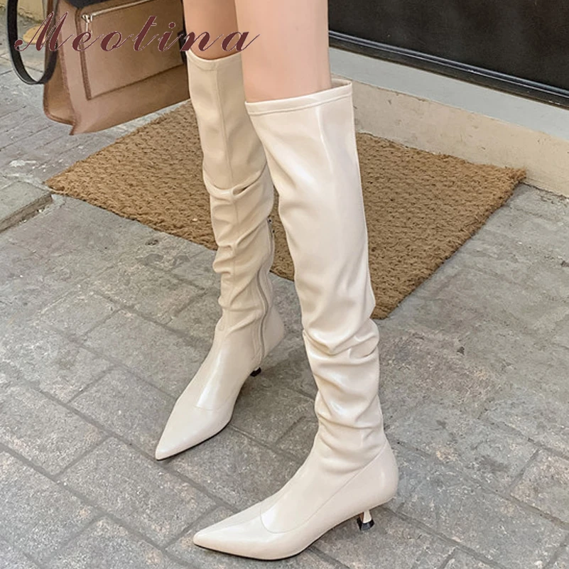 

Meotina Women Thigh High Boots Pointed Toe High Heel Zipper Strange Style Pleated Ladies Long Boot Autumn Winter Shoes Beige 40