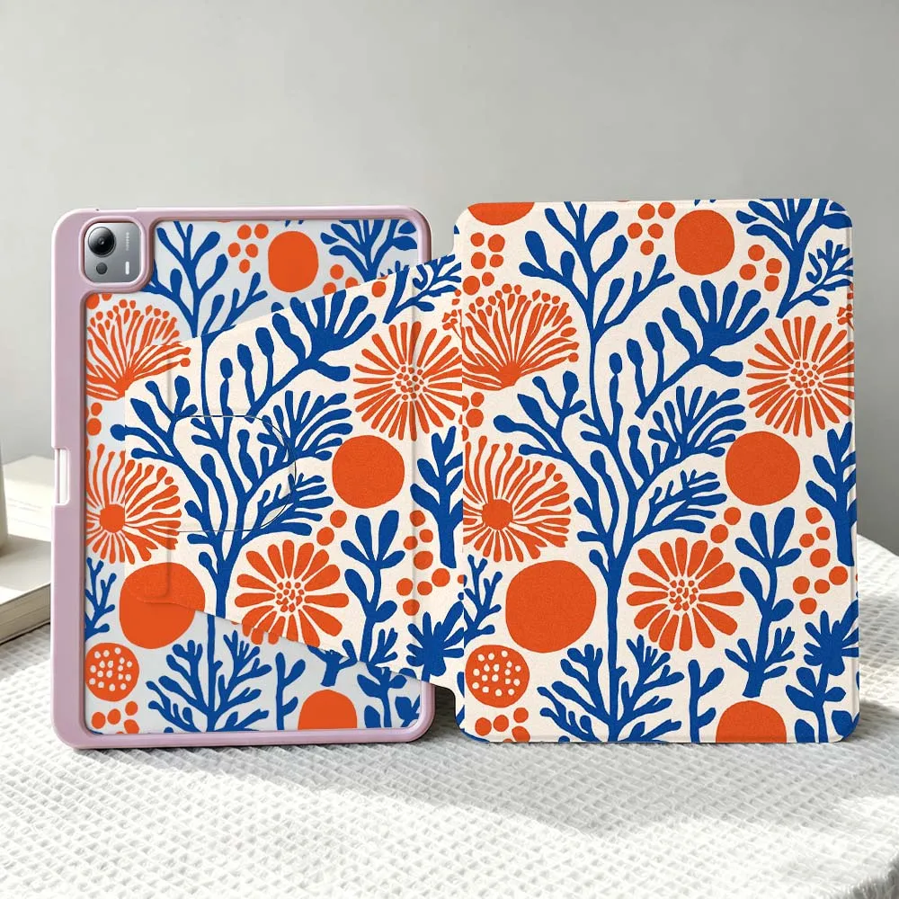 Abstract Floral Foliage Soft For Xiaomi Mi Redmi Poco Pad 8 7 7S 6 6S 5 SE Pro Ultra 360° Rotation Stylus Storage Tablet Case