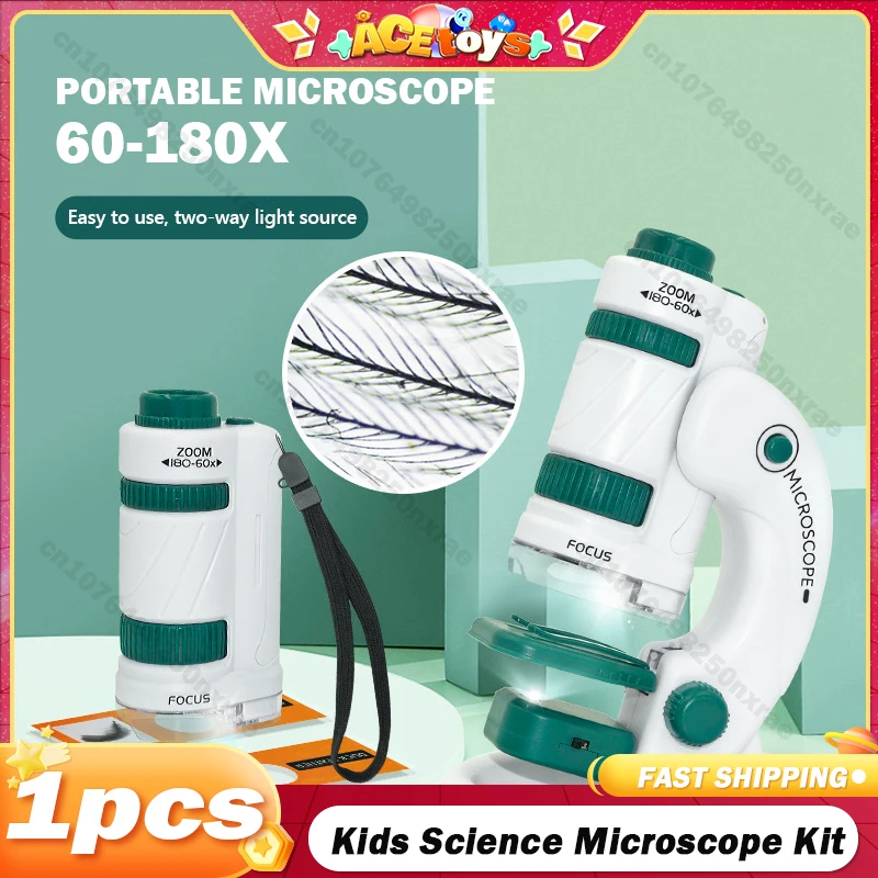 Kids Science Microscope Toy Kit 60-180x Educational Mini Pocket Handheld Smart Phone Microscope with LED Light Outdoor Children