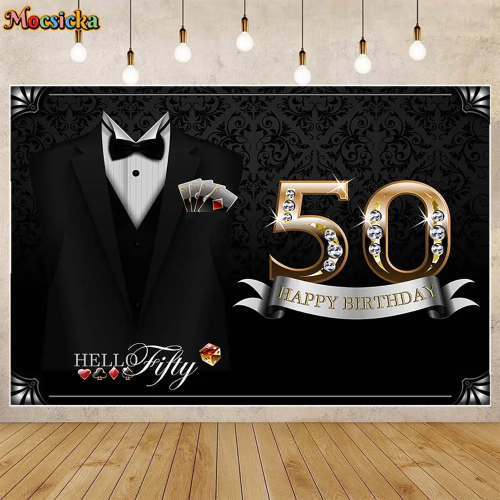 Mocsicka Hello Fifty Men 50th Birthday Background Black Suit Las Vegas Theme Birthday Party Decor Backdrop Studio Photocall Prop