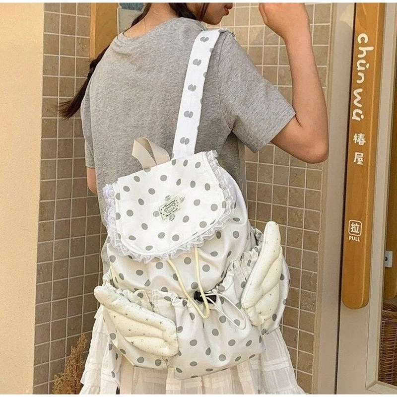 Angel Wings Polka Dot Studenten-Rucksack mit Kordelzug, koreanische süße süße Schultasche aus Nylon, leichte, lässige, geräumige Reisetasche – Detail 12
