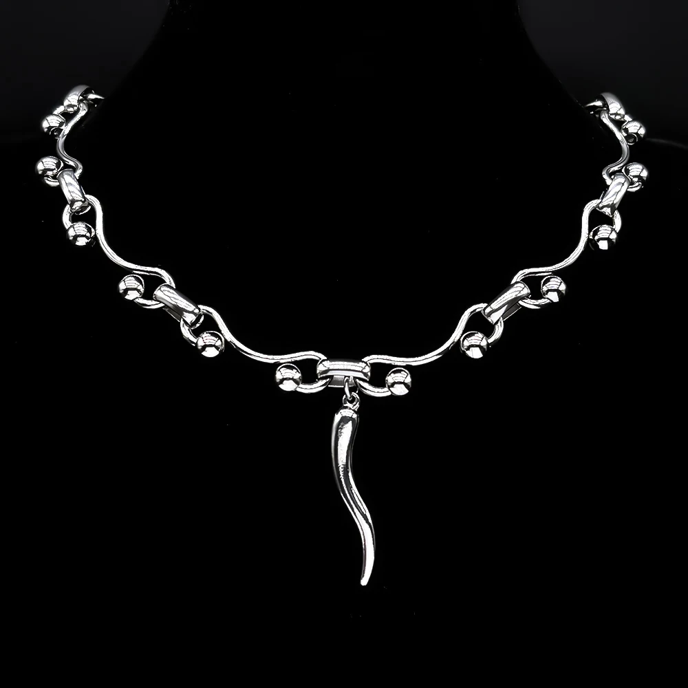 Y2K Punk Italian Cornicello Horn Necklace For Women Stainless Steel Wave Beaded Chain Lucky Protection Amulet Statement Jewelry