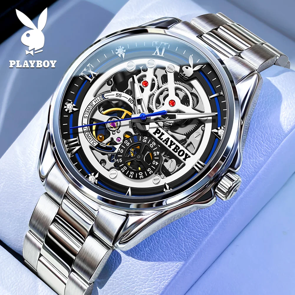 

PLAYBOY 3032 Автоматические механические часы класса люкс, скелетонизированные, светящиеся, водонепроницаемые, из нержавеющей стали, модные спортивные наручные часы