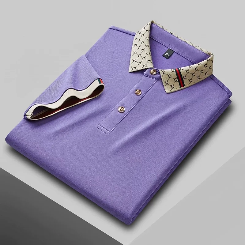 

Personality letter jacquard lapel short sleeve T-shirt men fashionable silky breathable summer high-quality casual polo shirt