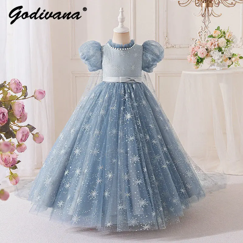 Sweet Girls High End Heavy Luxury Summer 2026 New Fashion Princess Dress Kids Puff Sleeve Pearls O-neck Sequin Bow Maxi Dress