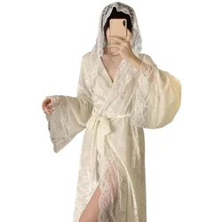 Golden Velvet Pajamas Female Autumn Winter Long Sleeve Sexy Robe Long Hooded Lace Pure Desire Palace Style Bathrobe Home Wear