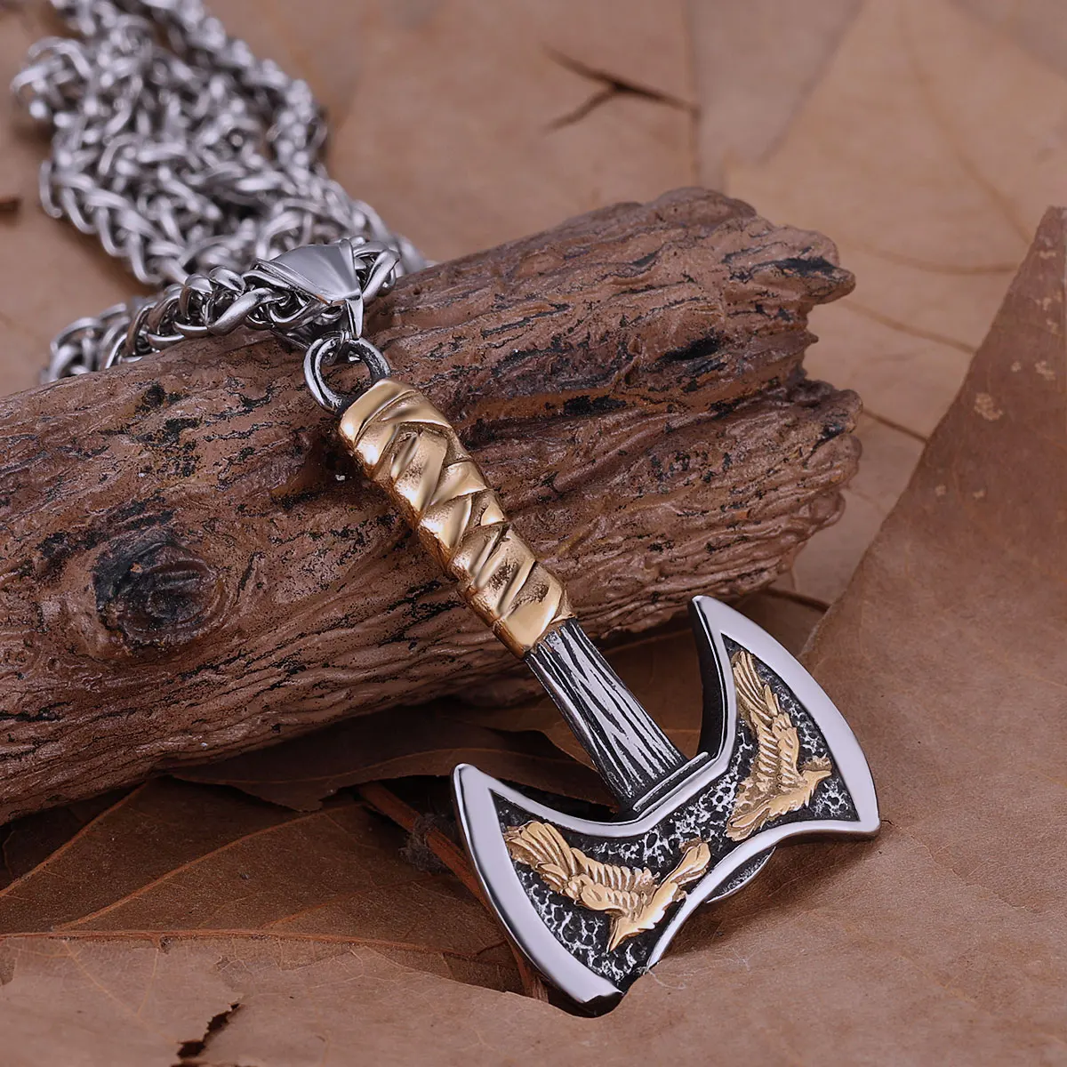 Stainless Steel Vikings Axe Necklace Mixed Gold Color Odin Raven Pendant Men's Personality Rune Amulet Gift for Boyfriend