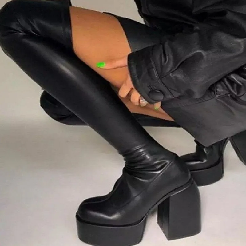 Damen Overknee-Stiefel mit hohem Absatz, eckiger Spitze, dickem Plateau, Blockabsatz, glattem Leder-Look, seitlichem Reißverschluss, für Club, Party und Abendveranstaltungen