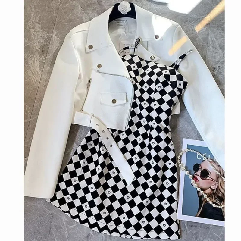 Conjunto de dos piezas de gran tamaño para mujer, chaqueta ajustada, abrigo a cuadros, Vestido con tirantes, moda de otoño, 2024