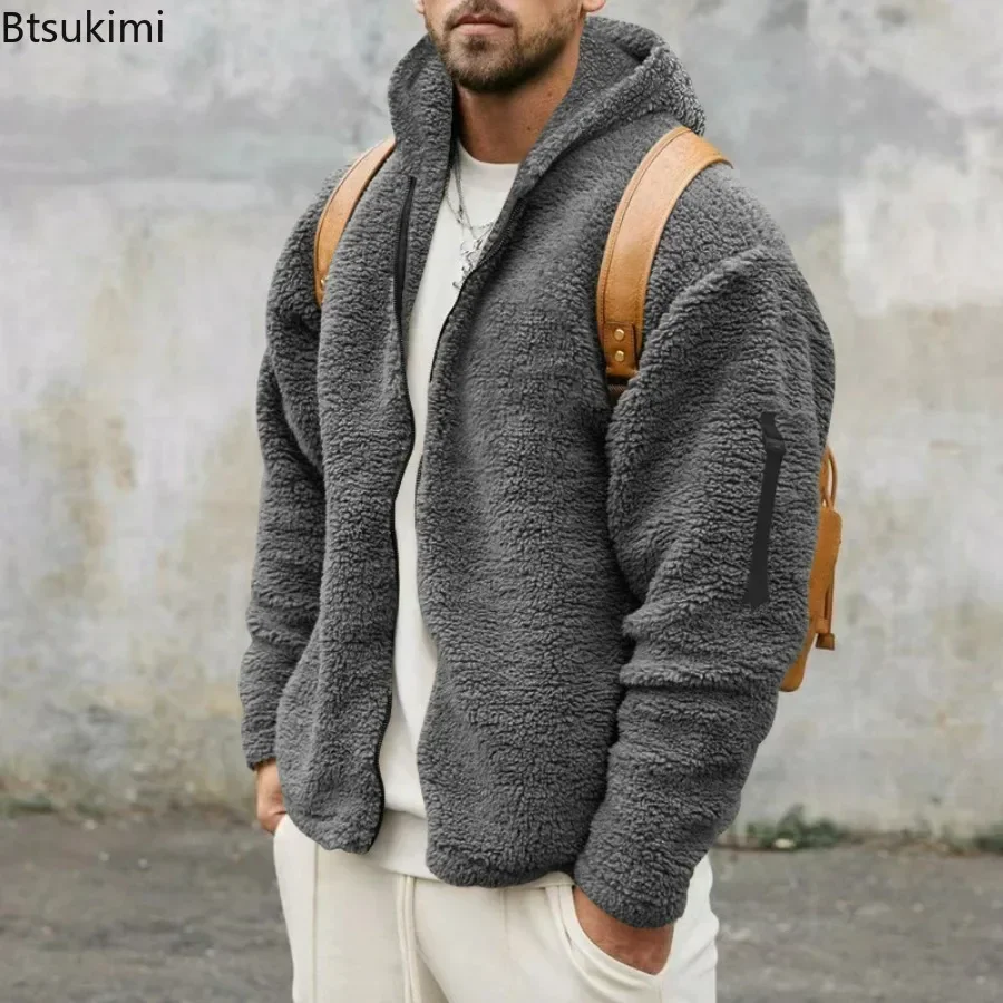 2024 Men's Casual Double-sided Plush Warm Jacket Autumn Winter Thick Wool Coats Solid Hooded Fleece Hoodies Loose Men Clothing