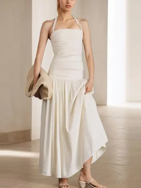 

2025 Summer New Women's Fashion Style Wide Strap Hanging Neck Sleeveless Backless Dress Long Skirt