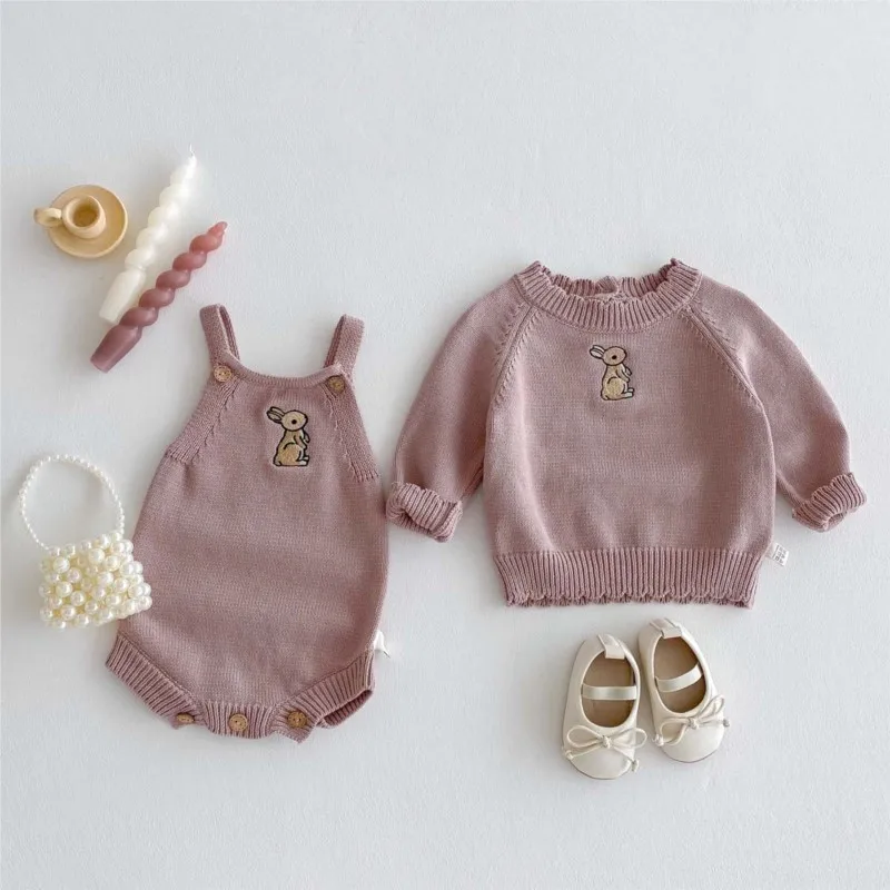 

Newborn Baby Girl Boy Cotton Rabbit Embroidery Sweater Infant Toddler Knitted Suspender Romper Autumn Winter Baby Clothes 0-2Y