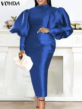VONDA elegancka sukienka 2023 jesień kobiety satynowe sukienka jedwabna z długim rękawem Sundress kołnierz jednolity kolor na co dzień szata przedsionka