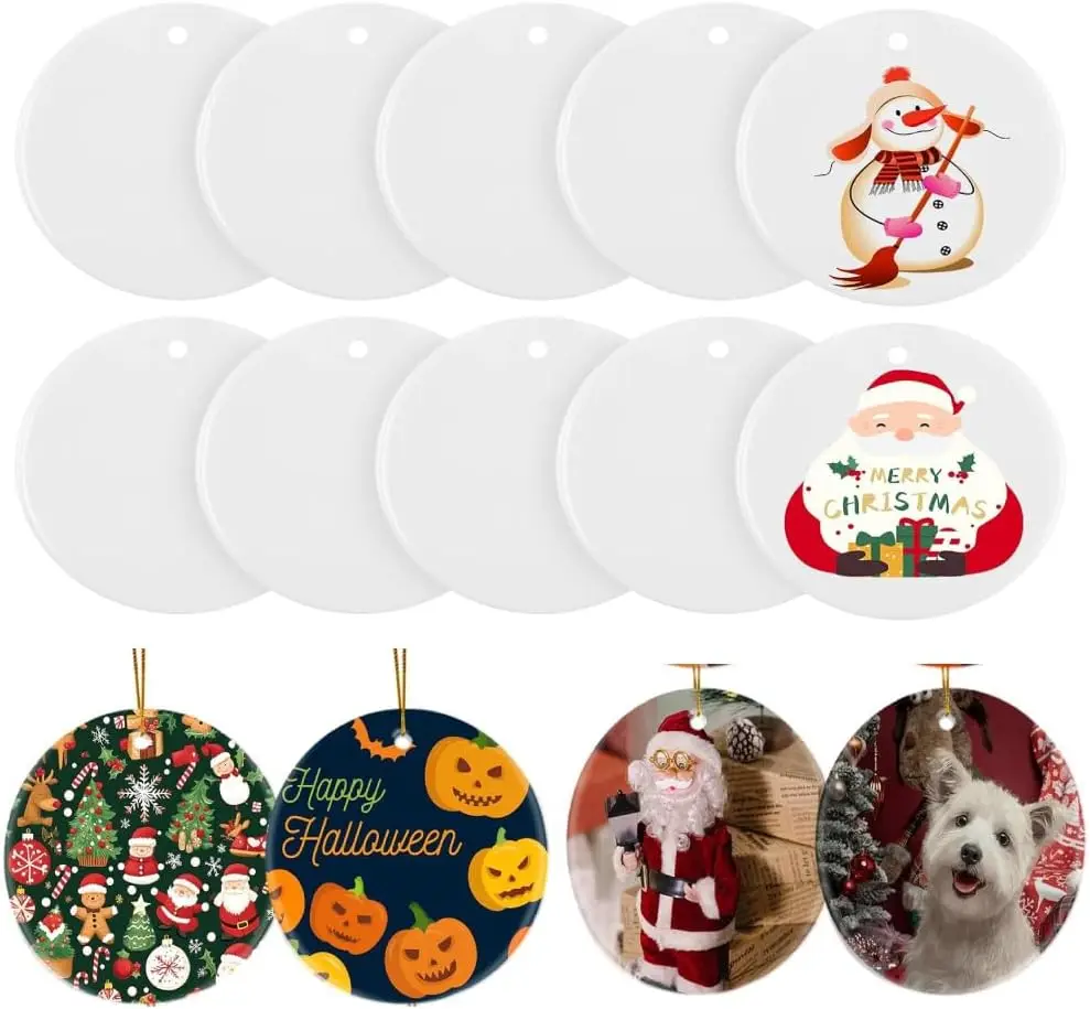 30Pcs Sublimation Blank Ceramic Ornaments Pendant Bulk Ceramic Discs Ornament Porcelain Personalized Xmas Tree Ornament Keepsake