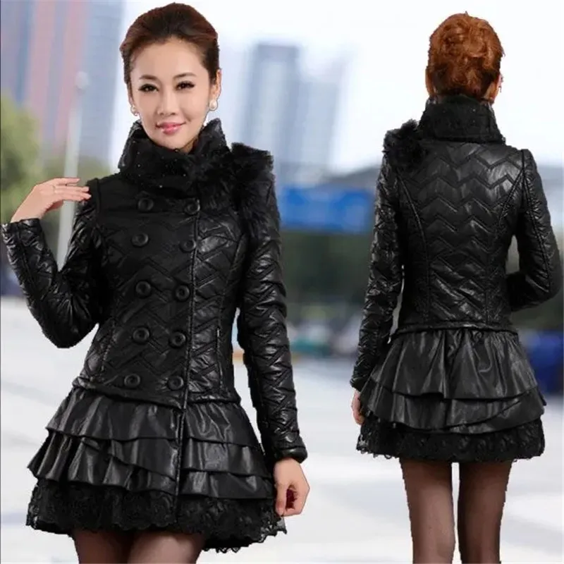 Pi Cotton-Padded Jacket Paikes Women Fox Fur Collar PU Leather Coat Fashion Autumn Winter Jacket Mid-Length Leather Cotton Coat