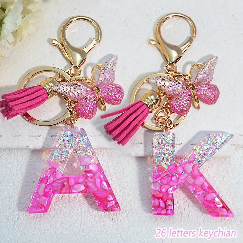 Pink Stone Filled Resin Letter Keychain A-Z 26 Initials Name Butterfly Tassel Pendant With Key Holder Luggage Backpack Tag Decor