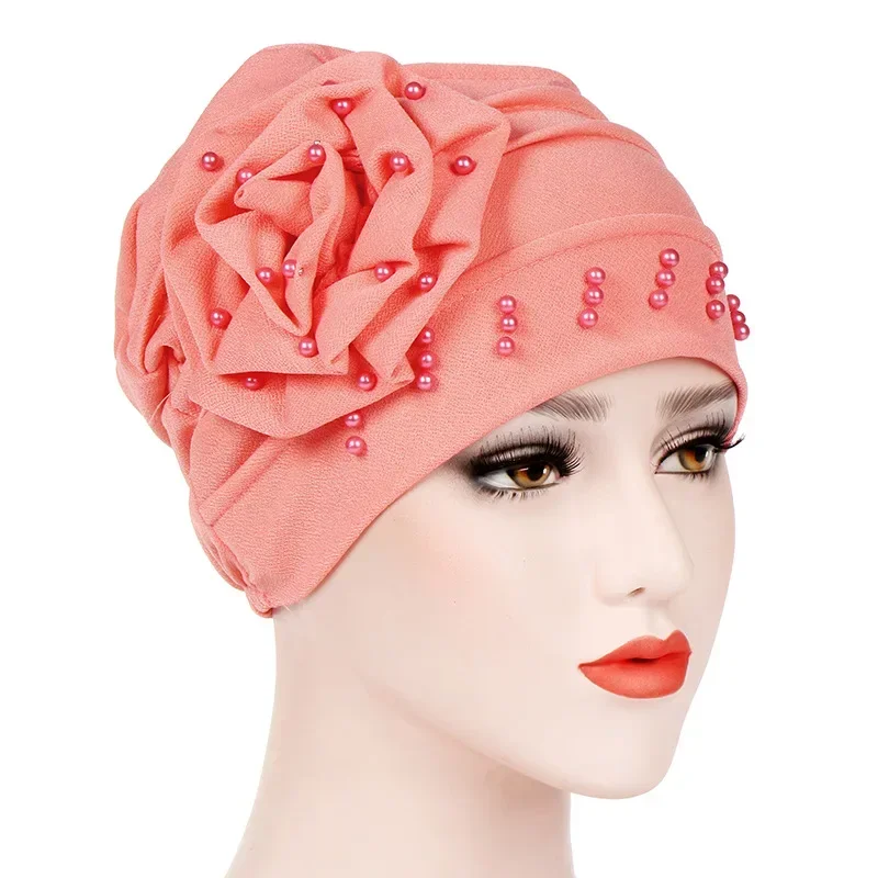Helisopus Women New Fashion Ruffle Beaded Solid Scarf Cap Muslim Head Wrap Chemo Turban Bandanas Ladies Hair Accessories