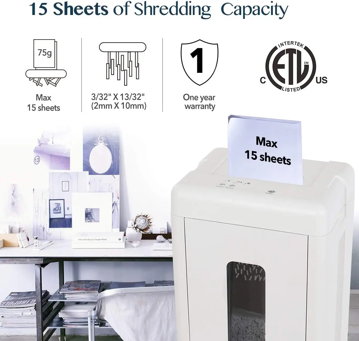 P5 Super Micro Cut Paper Shredder, 15-Sheet Capacity, 2x10mm Cut Size, 8-Gallon Bin, White