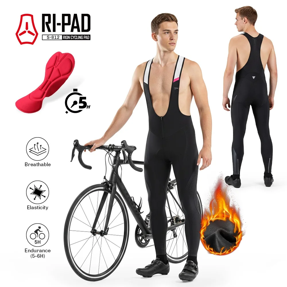 RION-pantalones con pechera para ciclismo para hombre, medias térmicas de invierno con forro polar, acolchadas a prueba de viento, equipo deportivo para bicicleta de montaña y carretera para clima frío
