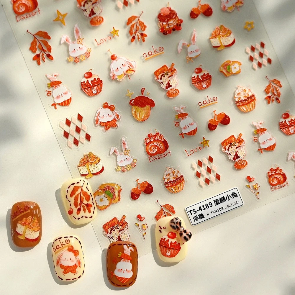 

Cute Cake Sundae Bread Pinecone Rabbit Flowers Mushroom Autumn 3D Self Adhesive Nail Art Stickers Lovely Bunny Manicure Decals