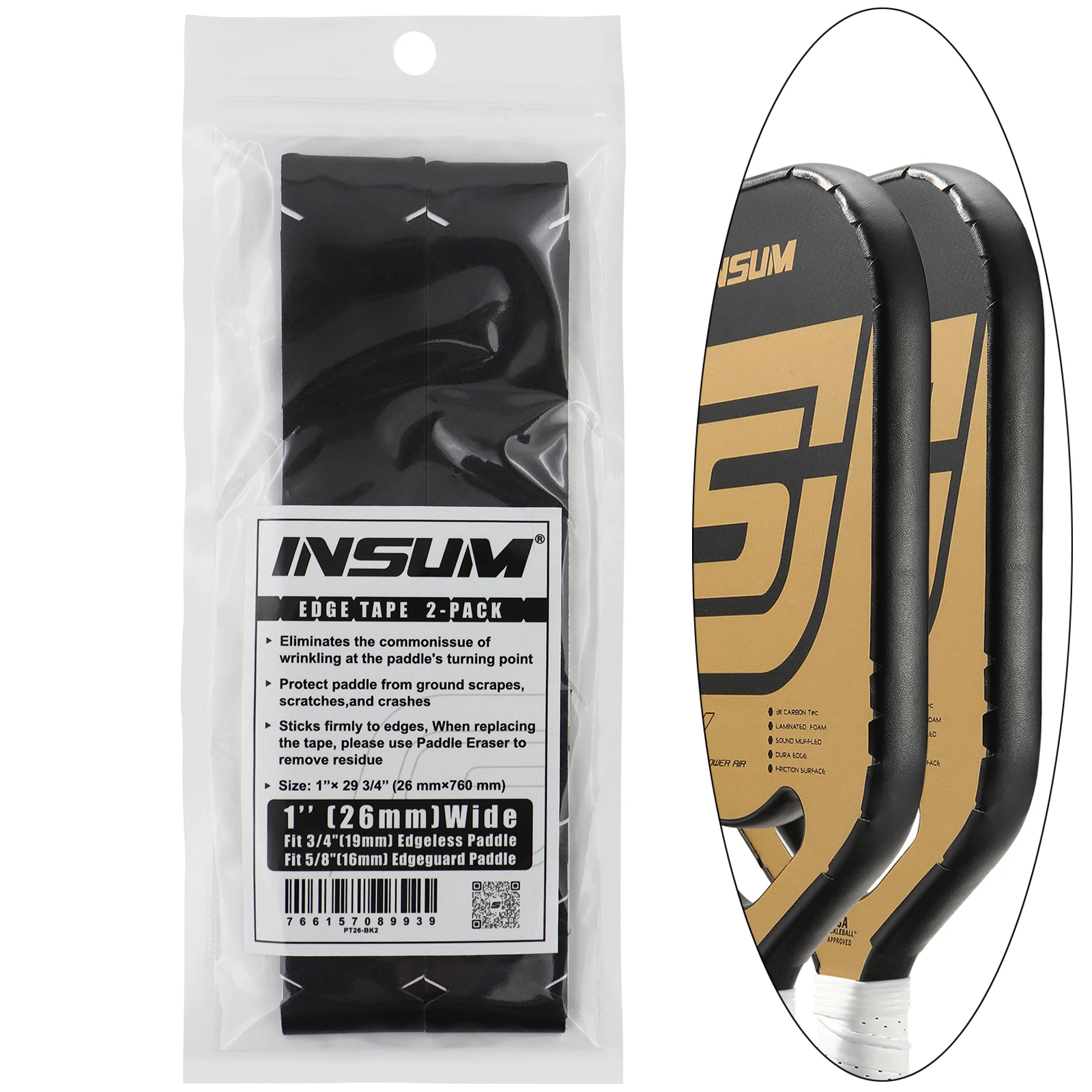 

INSUM Pickleball Paddle Protection Tape 20mm/23mm/26mm Width No Wrinkling Paddle Edge Guard Replacement for All Thickness-Black