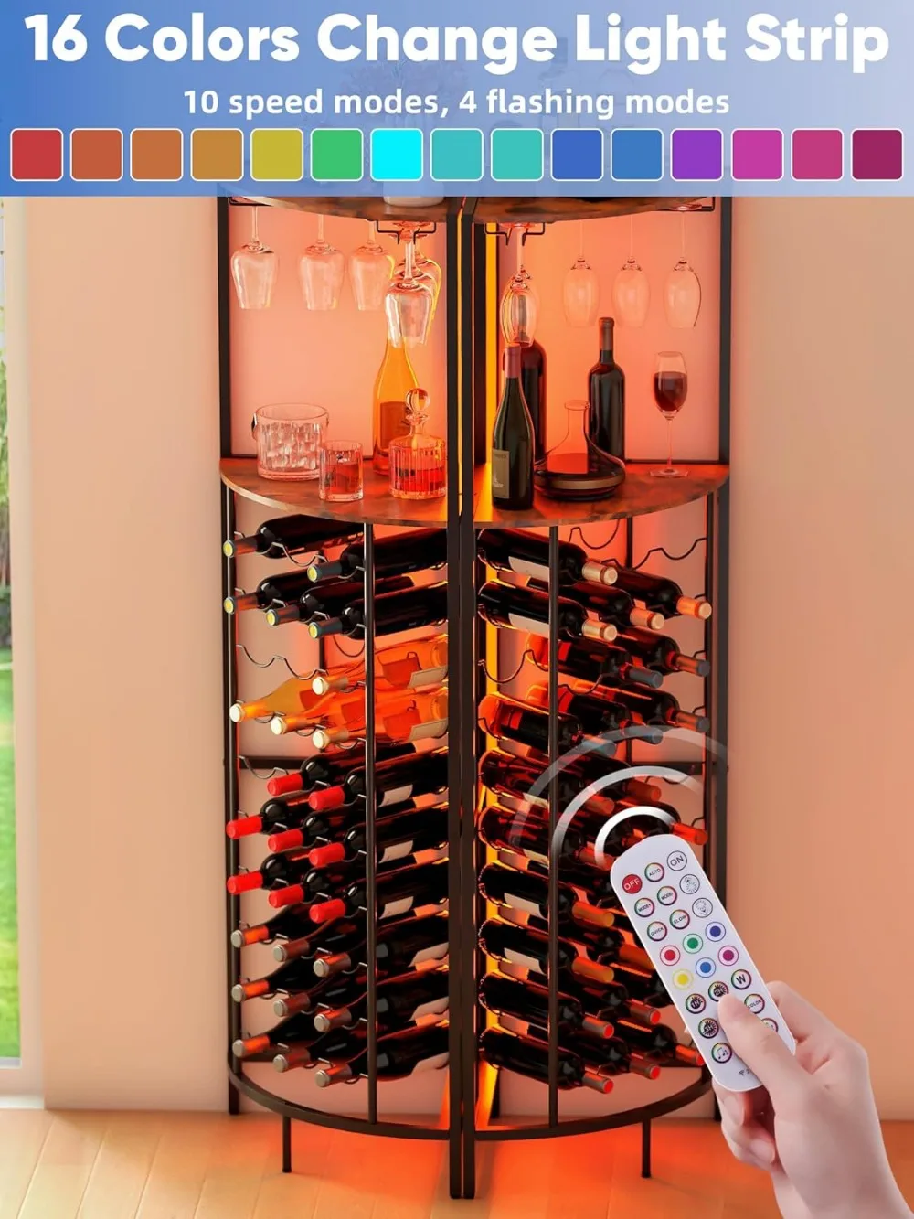 Portabottiglie angolare con luci a LED, contiene 30 bottiglie e bicchieri, stile industriale per il soggiorno della cucina del bar di casa