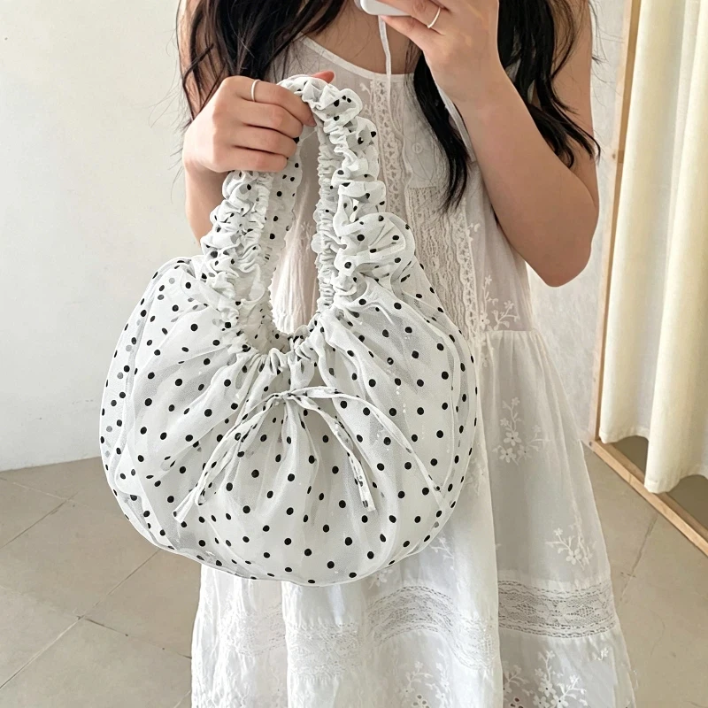 

Korean Polka Dot Tulle Handbag Ruched Elastic Handle Drawstring Design Soft Lightweight Shoulder Bag Daily Casual Shopping Bag