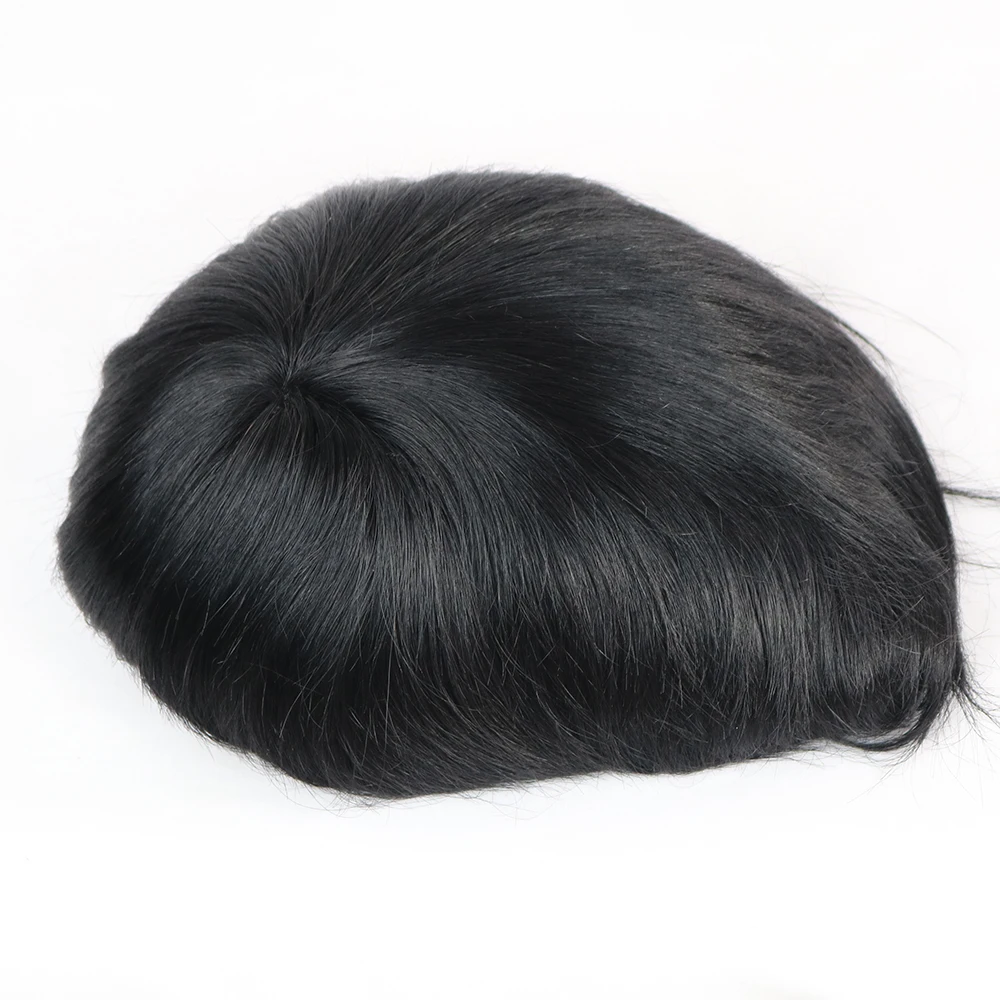 Men's Toupee Human Hair Straight Mono Lace Base  With PU Around Front Lace Capillary Prosthesis Natural Black Systems Hairpieces