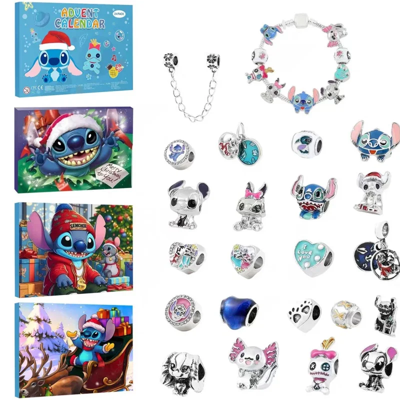 2024 New Stitch Mickey Christmas Advent Calendar Disney Bracelets 24 Days Countdown Calendar Diy Jewelry Making Kids Toys Xmas