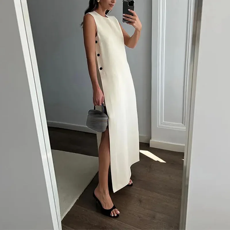 Spring Button Split Sleeveless Women's Dress Elegant Solid O-neck Loose Long Robes 2024 Summer Female Vacation Party Vestidos