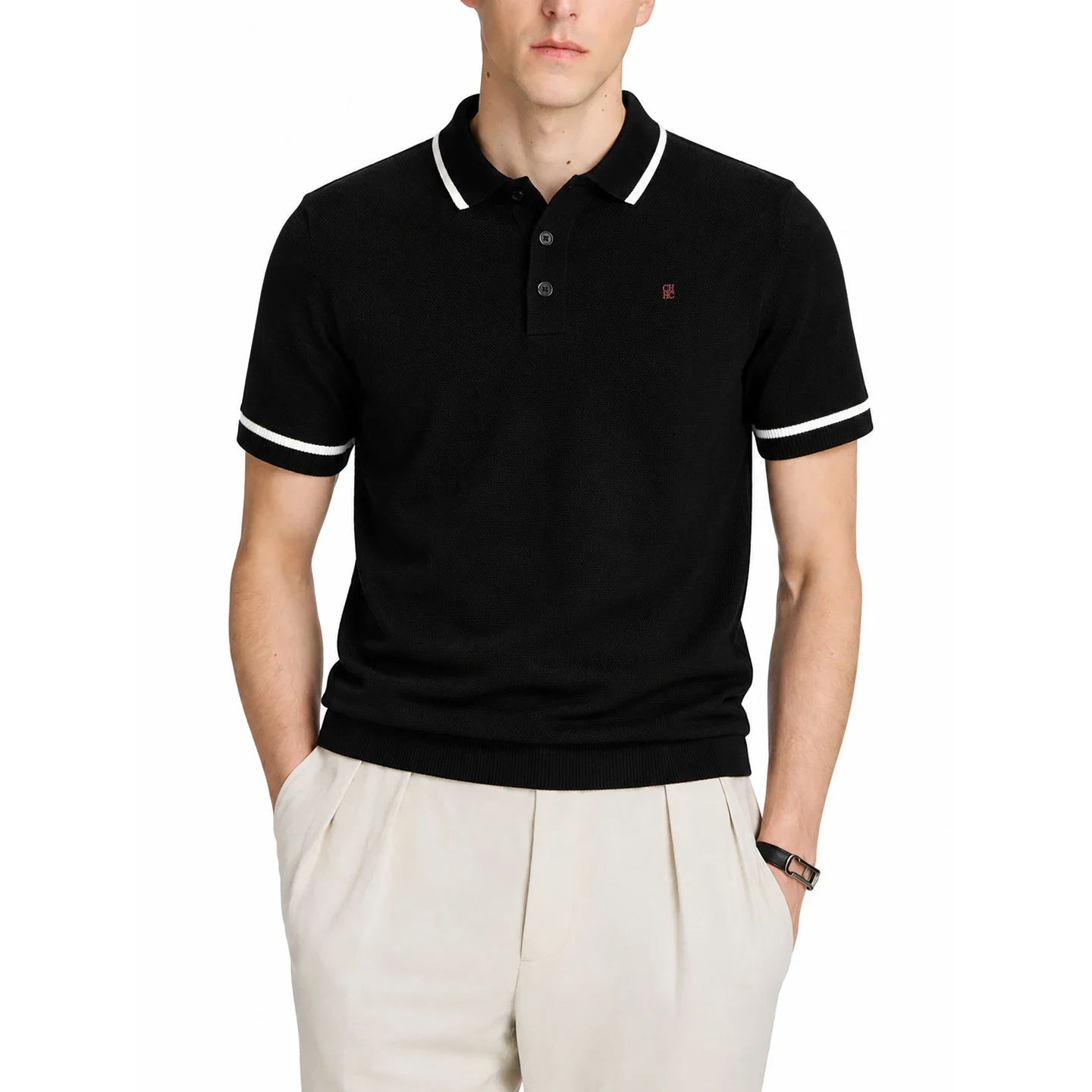 CH Herren-Polo mit Rippenbündchen, gestreiftem Kragen und Ärmelbündchen, kleiner Kontrastbuchstaben-Stickerei auf der Brust, aus Mesh-Strick, Kurzarm, für Büro und Alltag, elegantes Oberteil – Detail 6
