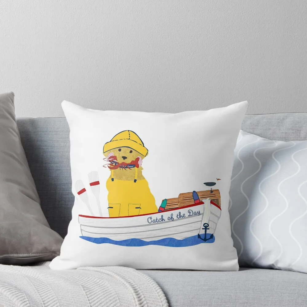 Preppy Golden Retriever Lobsterman Aboard The Catch of the Day Throw Pillow pillow cover luxury Christmas Pillows Pillow