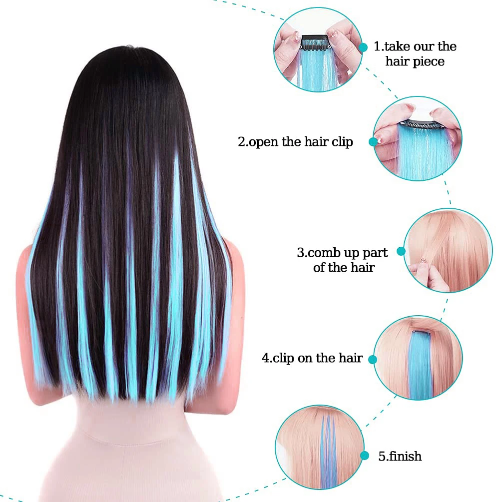 6 Pcs Synthetic Bright Cyan Clip In Hair Extensions, Straight Colored Highlight Hair Streaks Heat Resistant Synthetic Fiber
