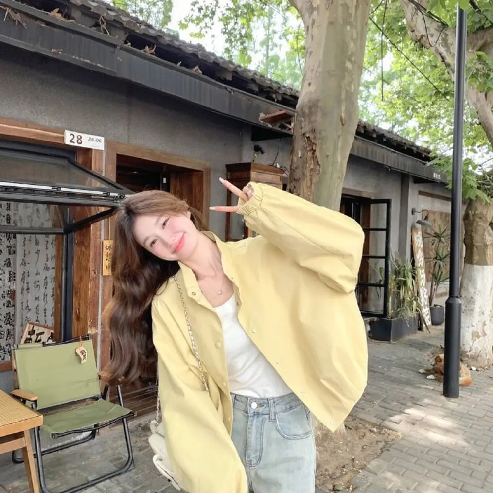 Women Cream Yellow Utility Jacket Stand Collar Korean Style Autumn Spring Loose Casual Long Sleeve Cargo Coat