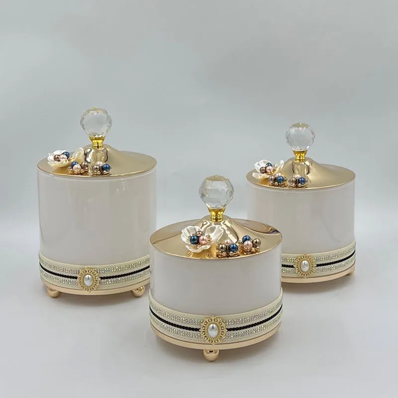 Luxury Gilded Glass Storage Jar Crafts Ornaments Scented Candle Bottle Cotton Swab Box Candy Nut Container Set Decor