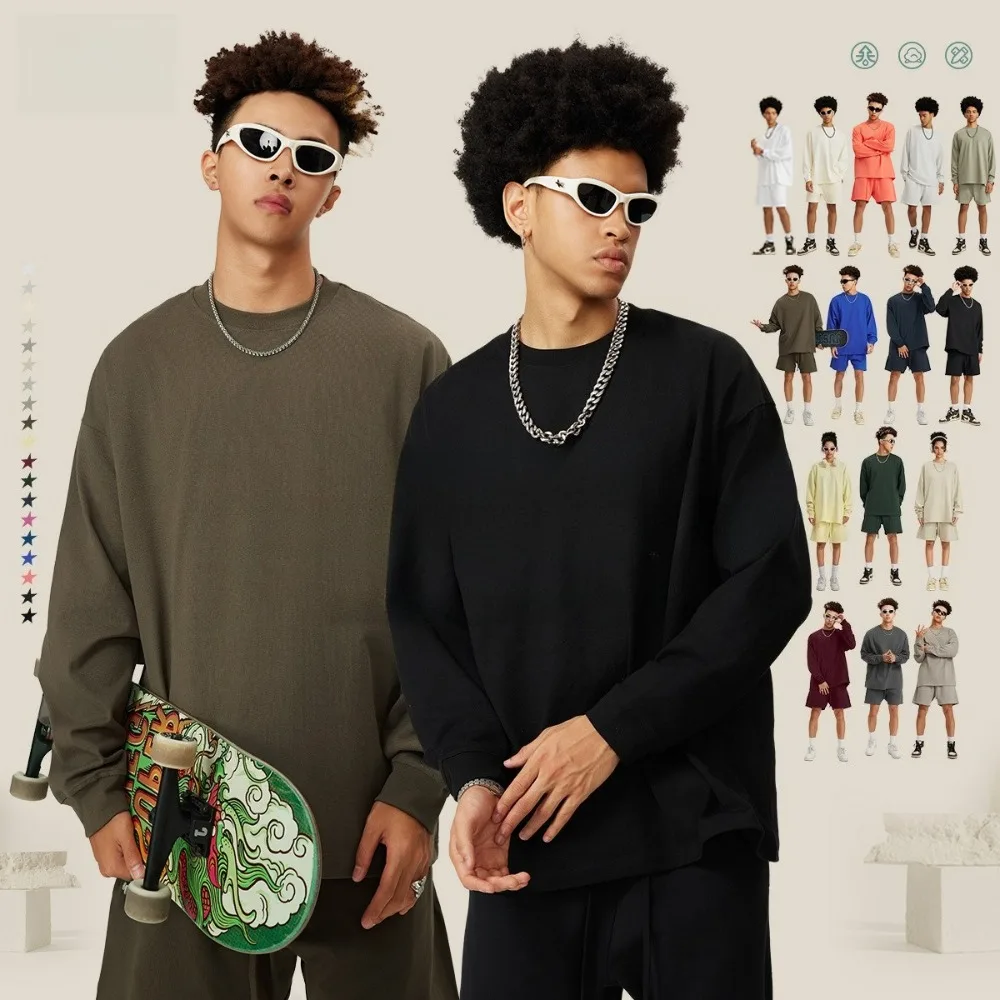 

Модная мужская футболка из чистого хлопка с длинным рукавом, однотонная свободная посадка, идеально подходит для уличного стиля и повседневного отдыха