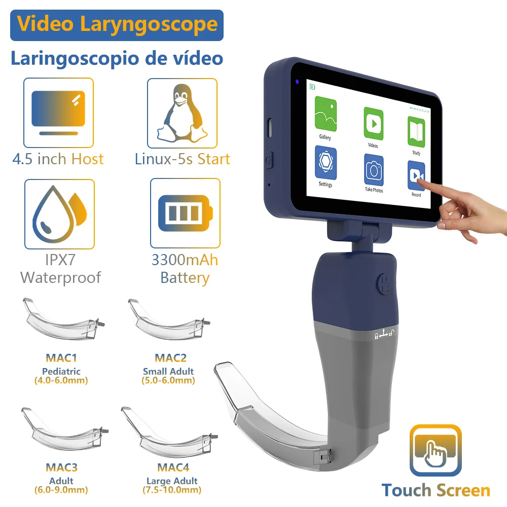 Video Laringoscópio com Tela HD Touchable, 2 Punhos de Aço Inoxidável, 6 Lâminas Descartáveis, Compra em Qualquer Combinação, 4.5"