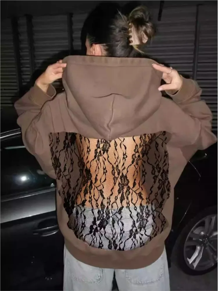 

Streetwear Fashion Hoodie Woman's Sexy Solid See Through Backless Sweatshirt Autumn Winter Ladies Lace Splicing Fleece Pullover