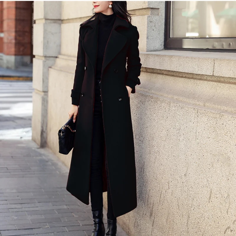 Winter Women's Coat Woolen Long Trench Outerwears Double-breasted Coats Belt Lapel Warm Streetwear Temperament Tops Jacket S-3XL