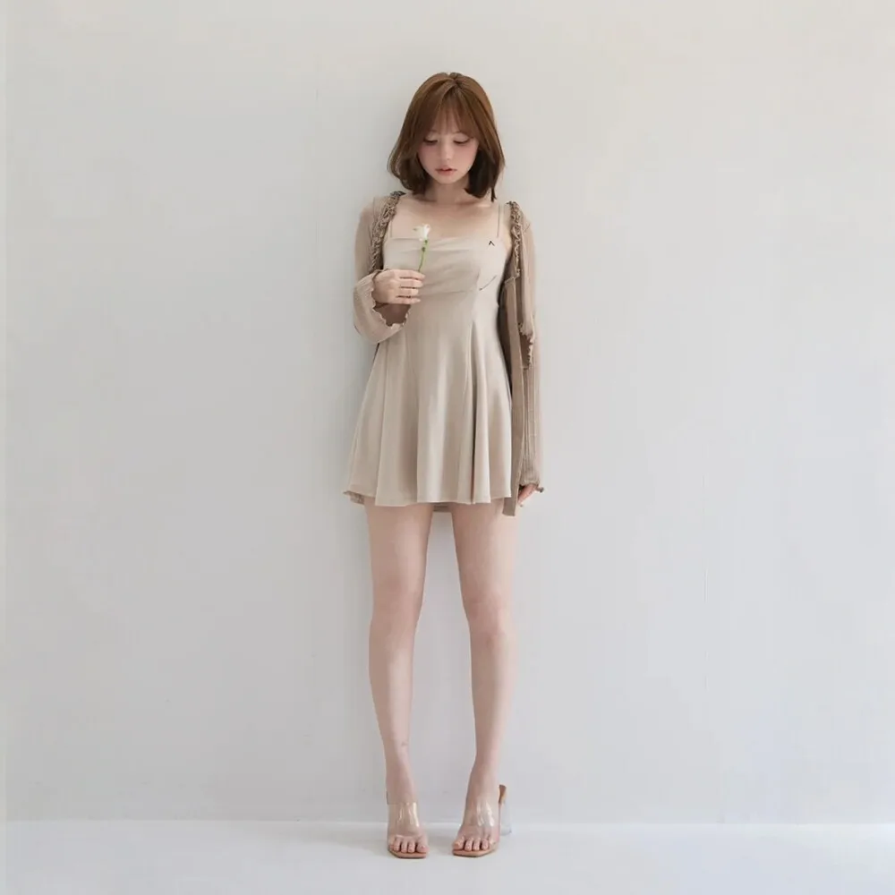 Women 3 Piece Outfit Ruffle Tie‑Front Knit Cardigan + Cami Dress + Shorts Set Sweet Casual Matching Set