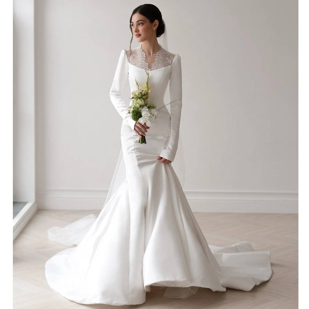 Elegant Mermaid Wedding Dresses Long Sleeves Buttons Bridal Gown Floor Length Modest Solid Party Dress Customized