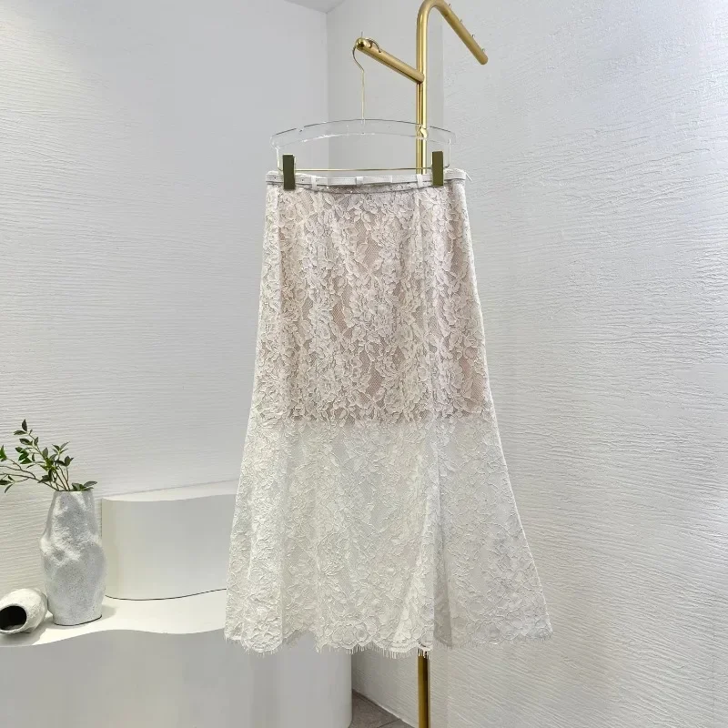 سترة علوية وتنورة امرأة 2 قطعة مجموعة الزي 2025 جديد جميل أبيض طويل الأكمام الدانتيل المرقعة الماس #6