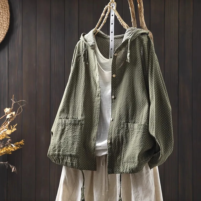 

Japanese Vintage Mori Girl Dot Print 100% Cotton Yarn Hooded Shirts Women Spring Autumn Long Sleeve Casual Loose Blouse Outwear