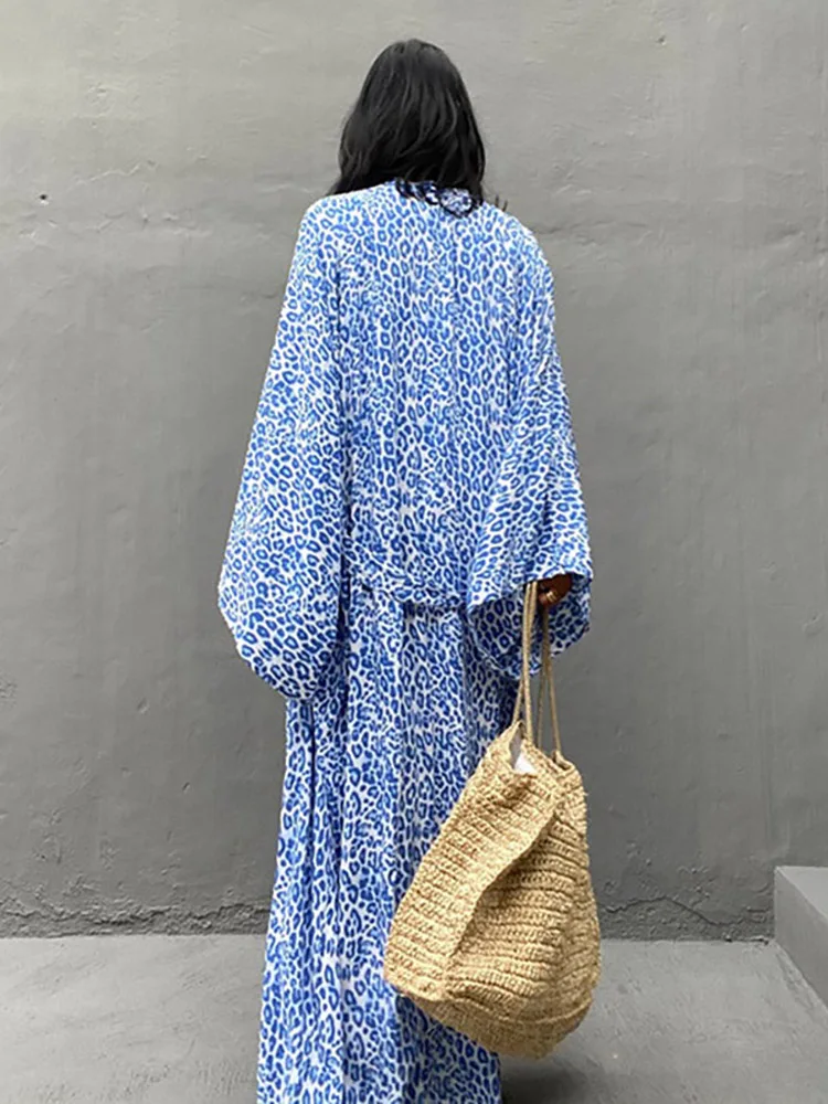 Bohemian Beach ชุดว่ายน้ำ Kimono Blue Leopard พิมพ์ Pareo Beach Tunics ผู้หญิง Beachwear 2023ฤดูร้อนบิกินี่