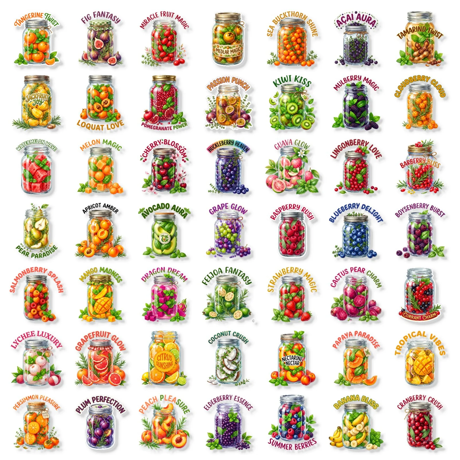 50Pcs Fruit Jar Stickers Canned Fruit Decals Waterproof Transparent PET for Journal Scrapbooking Planner DIY Decoration