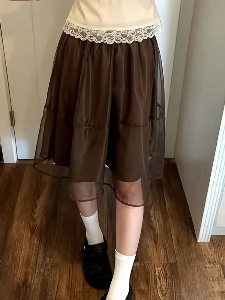 Chic Solid Color Skirt Women Clothes Patchwork Gauze A-line Jupe High Waist Vintage Saia 2026 Faldas Mujer De Moda Summer Skirts