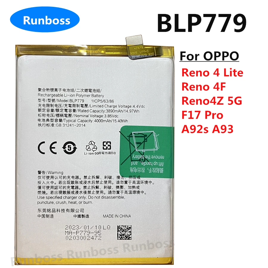 Original 4000mAh BLP779 Battery for OPPO Reno 4 ,Reno 4Z ,Reno4 Lite ,Reno 4F , F17,F17 Pro ,A92s ,A93 2020 ,A73 4G Mobile Phone