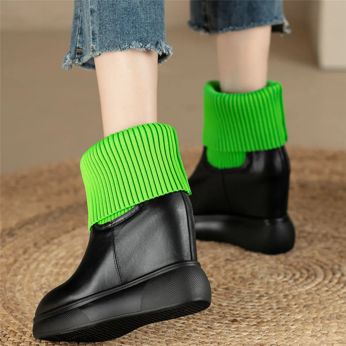 Knitting Stockings Fashion Sneakers Women Genuine Leather Wedges High Heel Ankle Boots Female Pointed Toe Platform Pumps Shoes