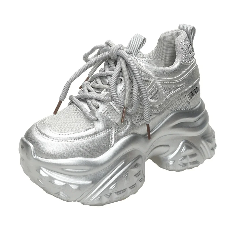 

Женские повседневные кроссовки на платформе 10 см, новые летние спортивные кожаные туфли на высоком каблуке в сетку, блестящие кроссовки, массивные кроссовки Zapatos Mujer