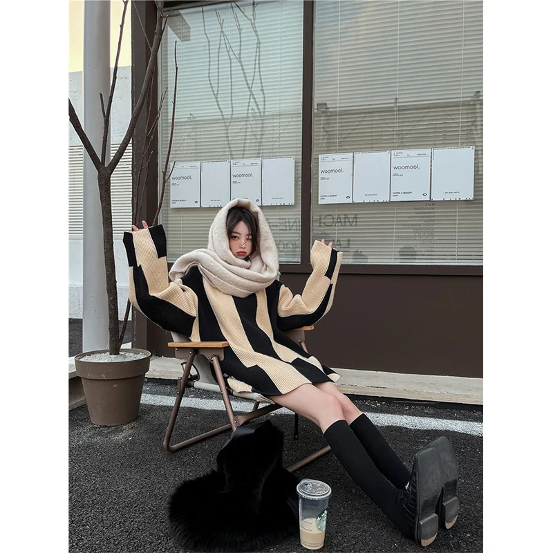 Vintage Striped Sweater Women Turtleneck Patchwork Knitted Pullovers Korean Elegant Oversized Irregular Knitwear Casual Jumpers